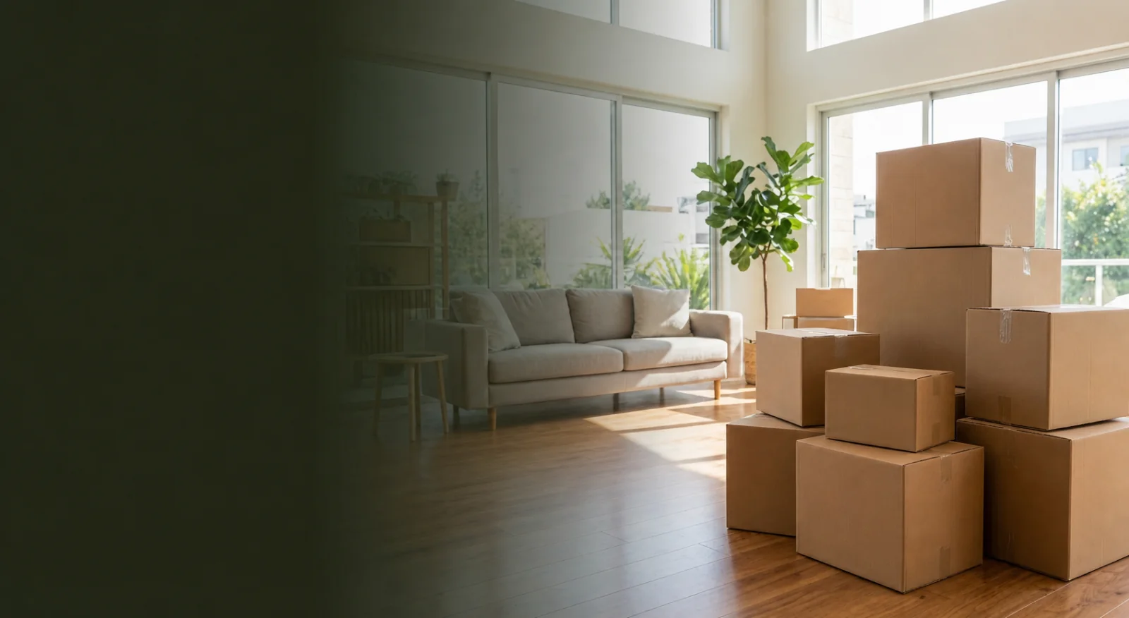 Moving boxes stacked in a bright California living room
