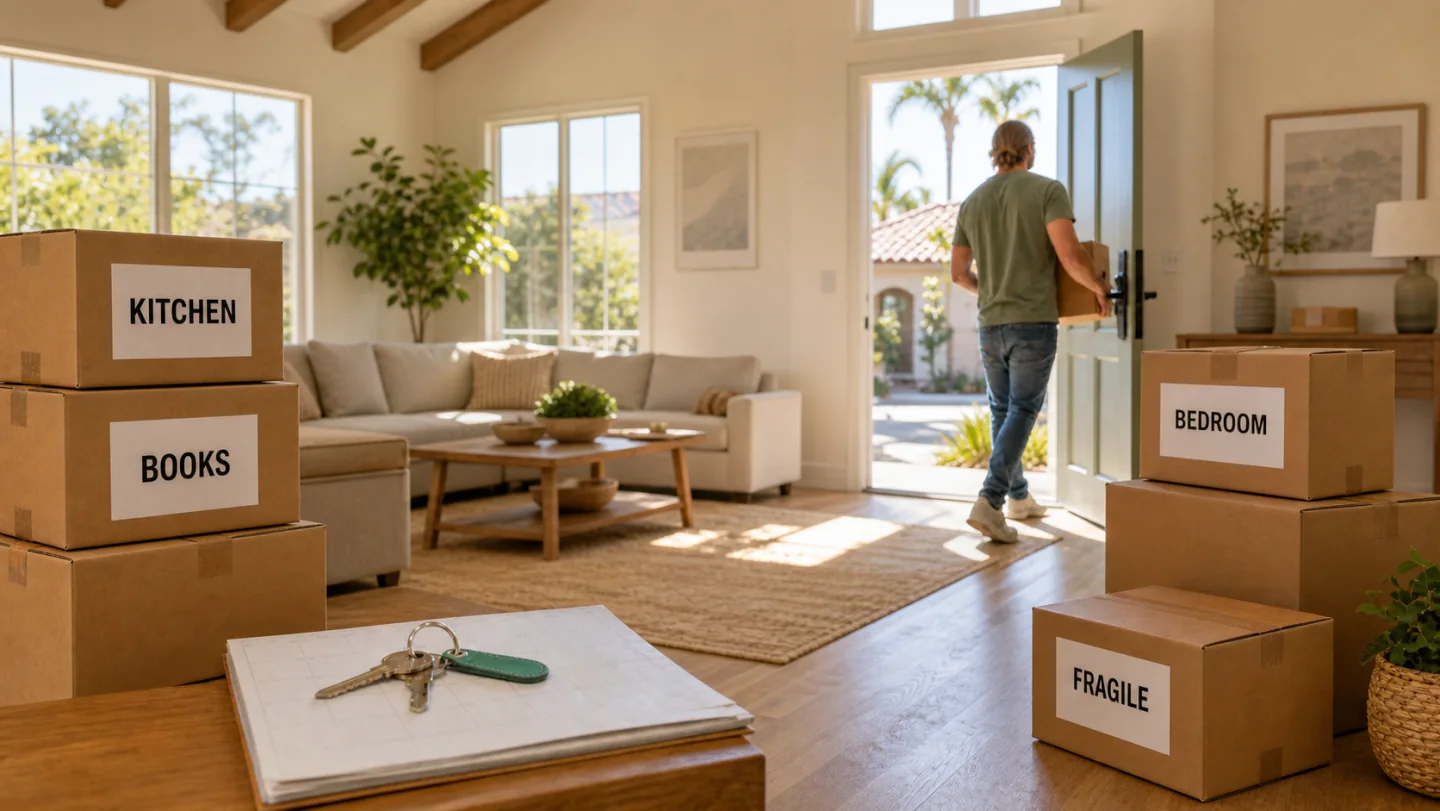 Labeled moving boxes stacked in a large living room as a homeowner leaves a sold house